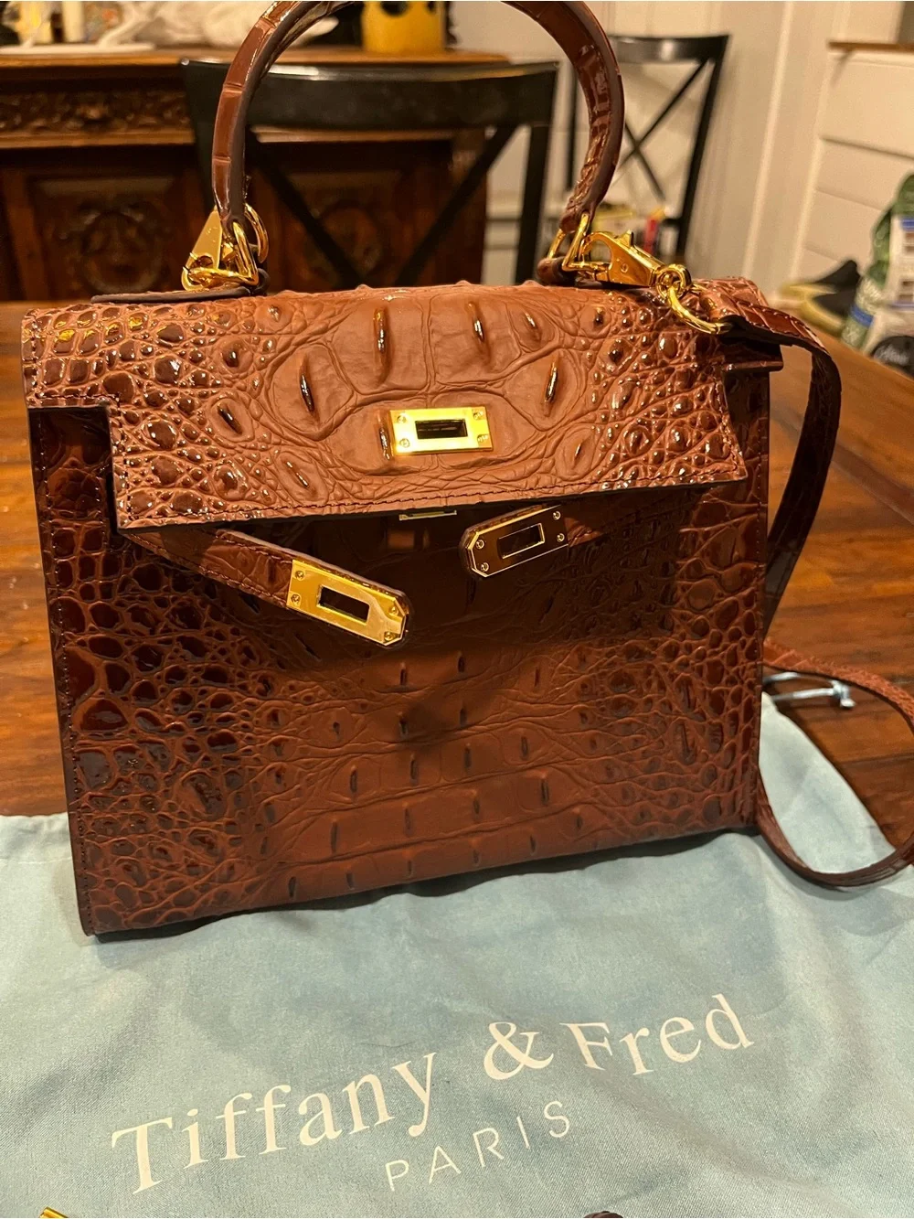 Tiffany & Fred Brown Croc-Embossed Top-Handle Satchel, Gold Hardware, handmade
